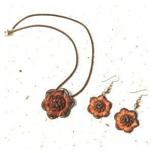 Artisan Leather Flower Necklace and Earrings